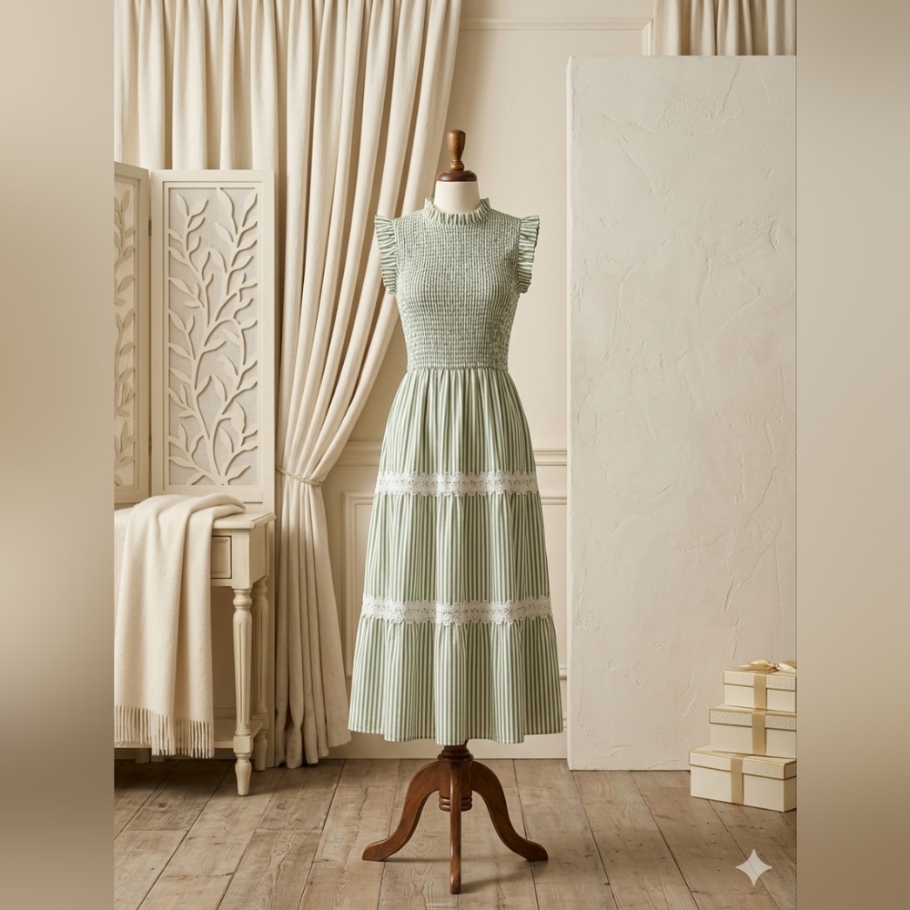 Rosa Clothing Green & White Smocked Maxi Dress 🌿 - Picture 1 of 4